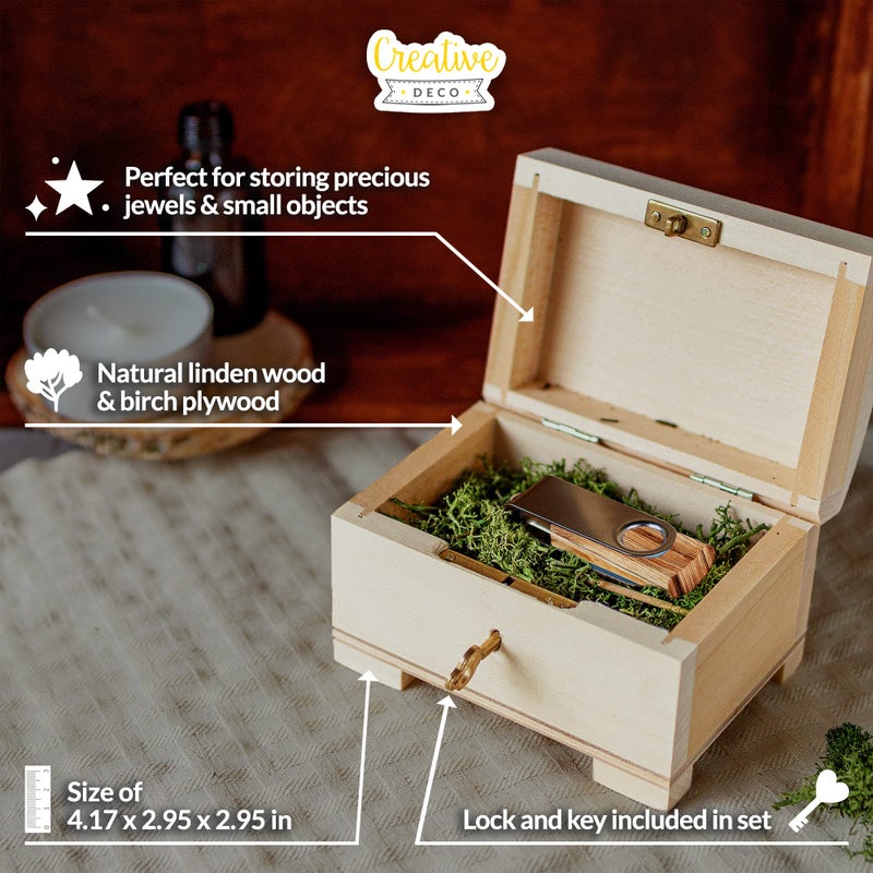 Creative Deco Small Wooden Jewelry Box | Lockable Storage Box with Lock & Key | 4.17 x 2.95 x 2.95 in | Plain, Unpainted & Unfinished | Keepsake Trinket Treasure Chest - Image 4